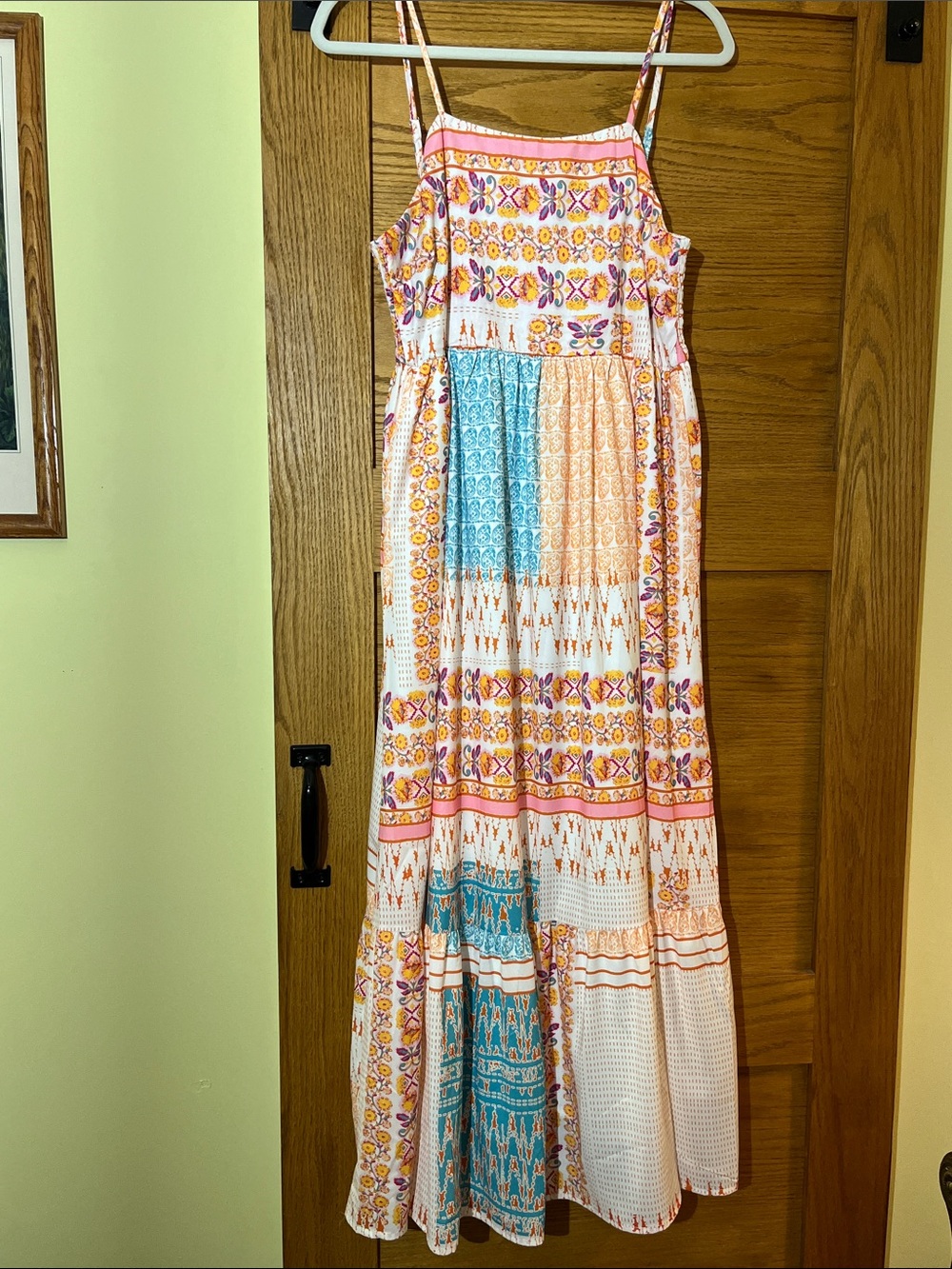 Boho Patchwork Maxi Dress with Pink, Orange & Blue Accents